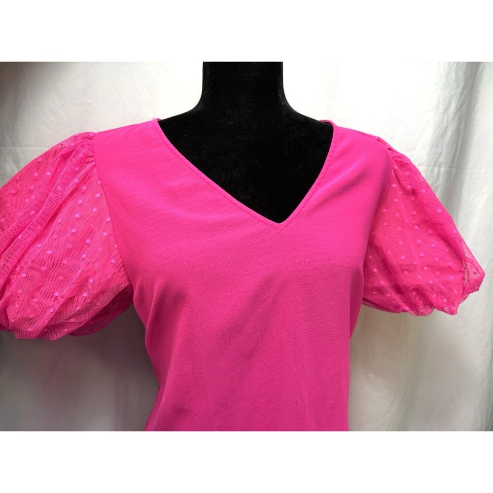 J.O.A. Hot Pink V-Neck Shift Dress Sheer Mesh Dot Puff Sleeve Size Small
